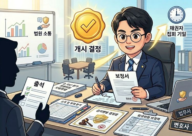 개시 결정 및 채권자 집회 설명 이미지