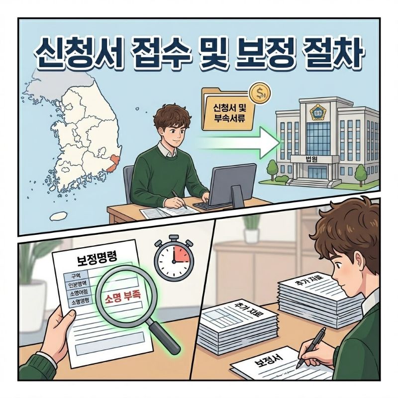 관할 법원 접수 및 보정 절차 설명 이미지
