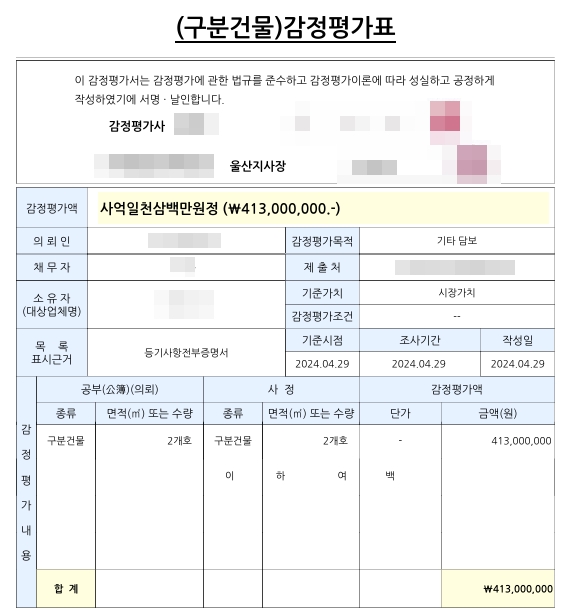개인회생 신청 시 청산가치 산정을 위해 감정을 한 뒤 작성한 감정평가서