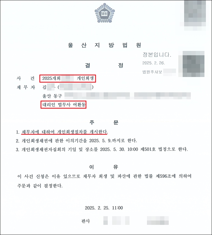 단 한번의 보정명령 없이 곧바로 받은 개시결정문