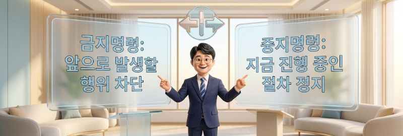 금지명령: 앞으로 발생할 행위 차단, 중지명령: 지금 진행중인 절차 정지