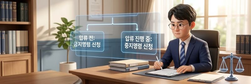 압류전: 금지명령 신청, 압류진행중: 중지명령 신청