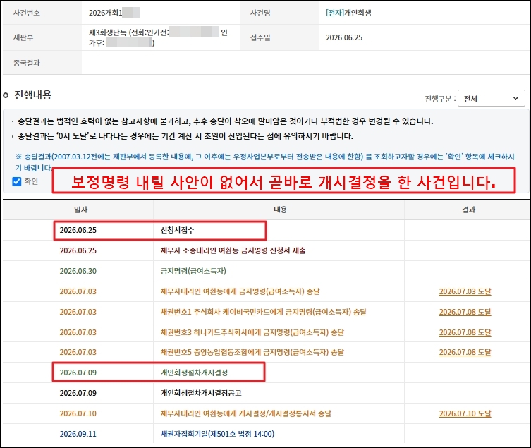10일 이내에 개시결정을 내리 사건의 사건 진행 내역