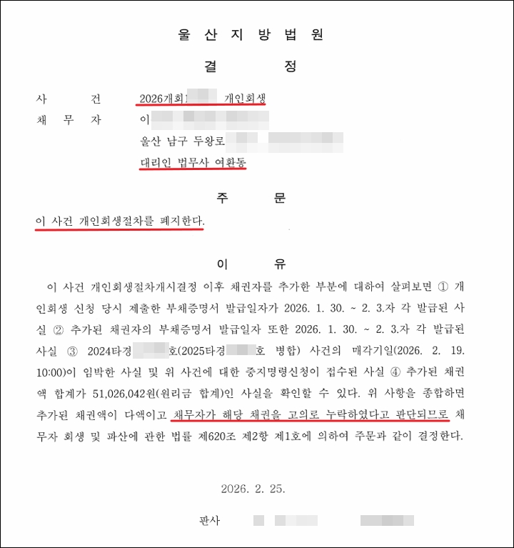 개인회생 절차 폐지결정문