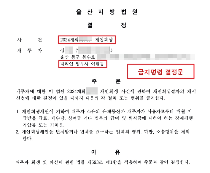 개인회생 금지명령 결정문