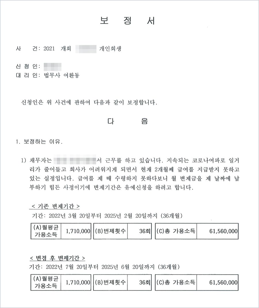 2022. 5. 보정서 — 2개월째 급여 미지급으로 변제 개시 유예 신청, 월 가용소득 1,710,000원