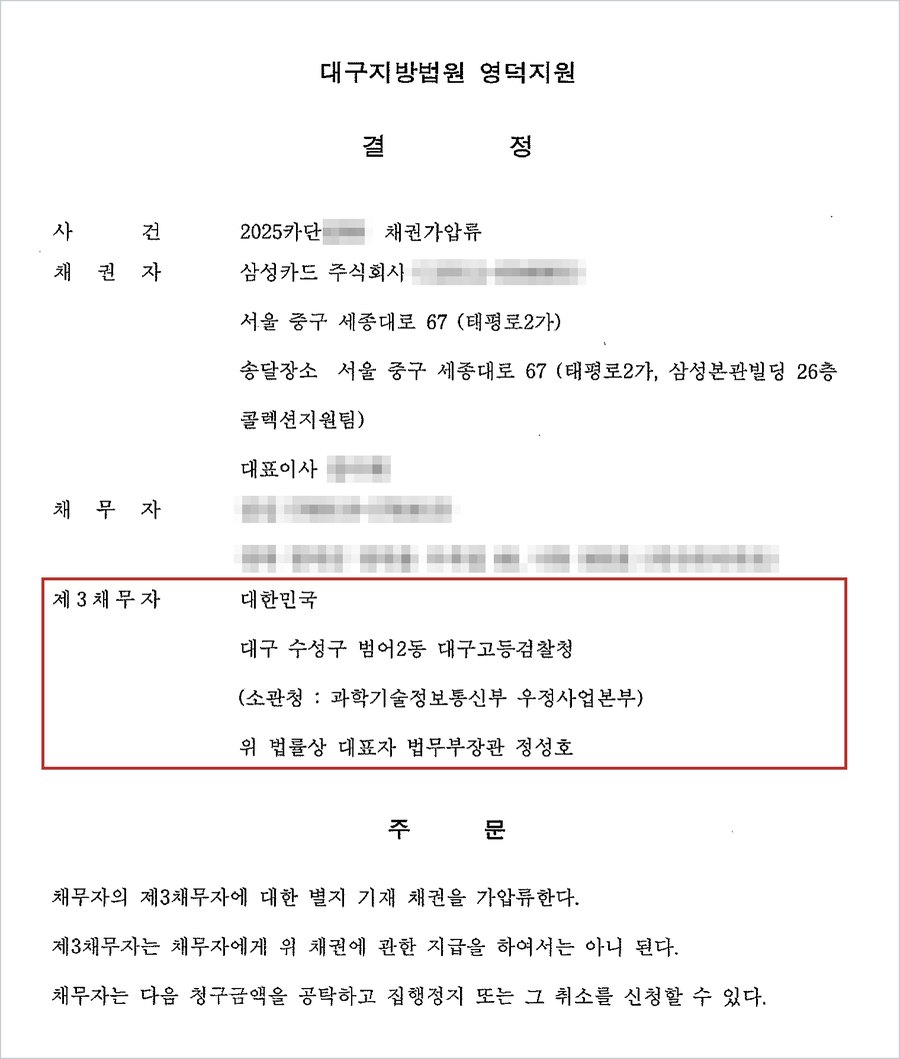 A씨에 대한 채권가압류결정 — 제3채무자 대한민국(소관청 과학기술정보통신부 우정사업본부), 제3채무자는 채무자에게 위 채권에 관한 지급을 하여서는 아니 된다