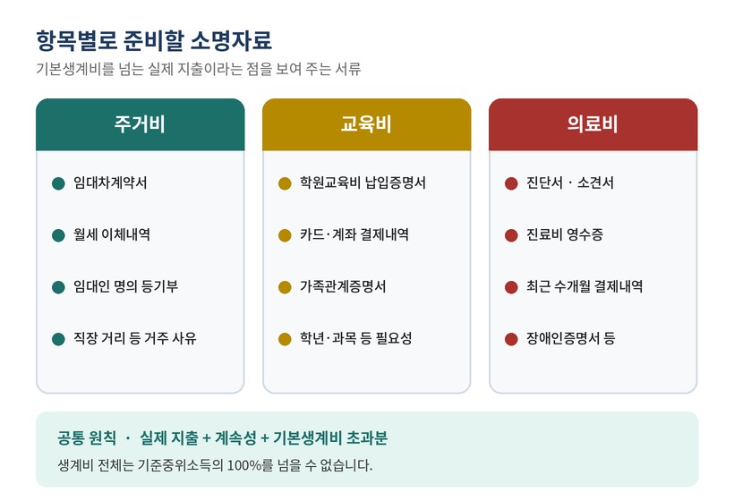 항목별 소명자료 — 주거비는 임대차계약서·월세 이체내역·등기부·거주 사유, 교육비는 학원교육비 납입증명서·결제내역·가족관계증명서·필요성, 의료비는 진단서·소견서·영수증·결제내역·장애인증명서