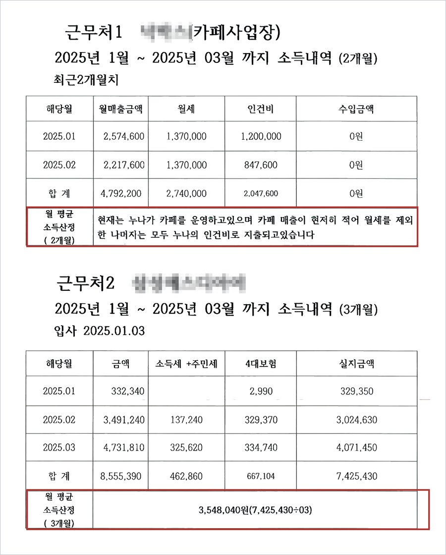 카페 영업 소득내역과 직장 급여 소득내역 — 카페 수입 0원(매출이 현저히 적어 월세를 제외하면 수입이 없음), 직장 급여 실지급액 합계