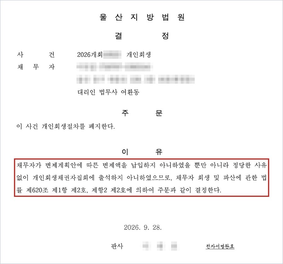 개인회생절차 폐지결정 — 채무자가 변제계획안에 따른 변제액을 납입하지 아니하였을 뿐만 아니라 정당한 사유 없이 개인회생채권자집회에 출석하지 아니하였으므로 폐지