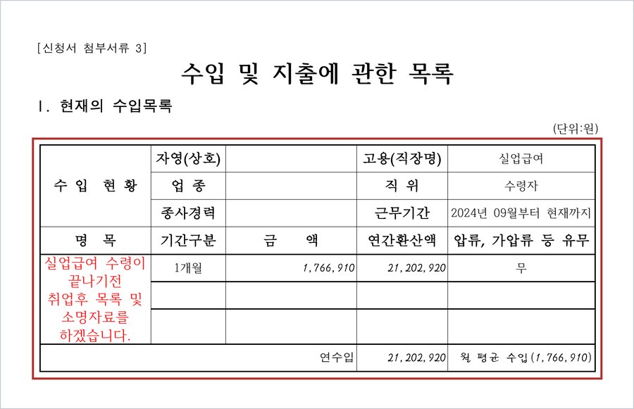 울산지방법원 개인회생 수입 및 지출에 관한 목록 — 고용(직장명) 실업급여, 직위 수령자, 근무기간 2024년 9월부터, 월 1,766,910원, 연간환산액 21,202,920원, 실업급여 수령이 끝나기 전 취업 후 목록 및 소명자료를 제출하겠다는 기재