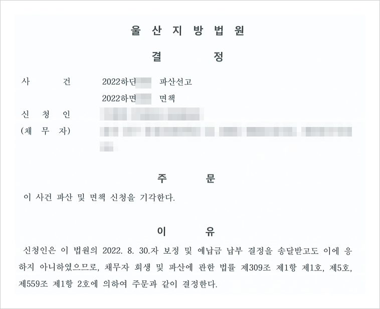 첫 신청 사건의 기각 결정문 — 보정 및 예납금 납부 결정에 응하지 않았다는 이유로 파산과 면책 신청이 모두 기각되었습니다.
